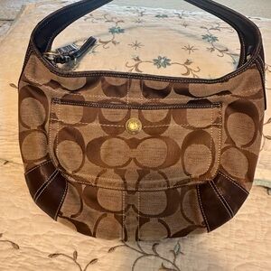Coach Brown Signature Canvas Shoulder Bag with Dark Leather Trim